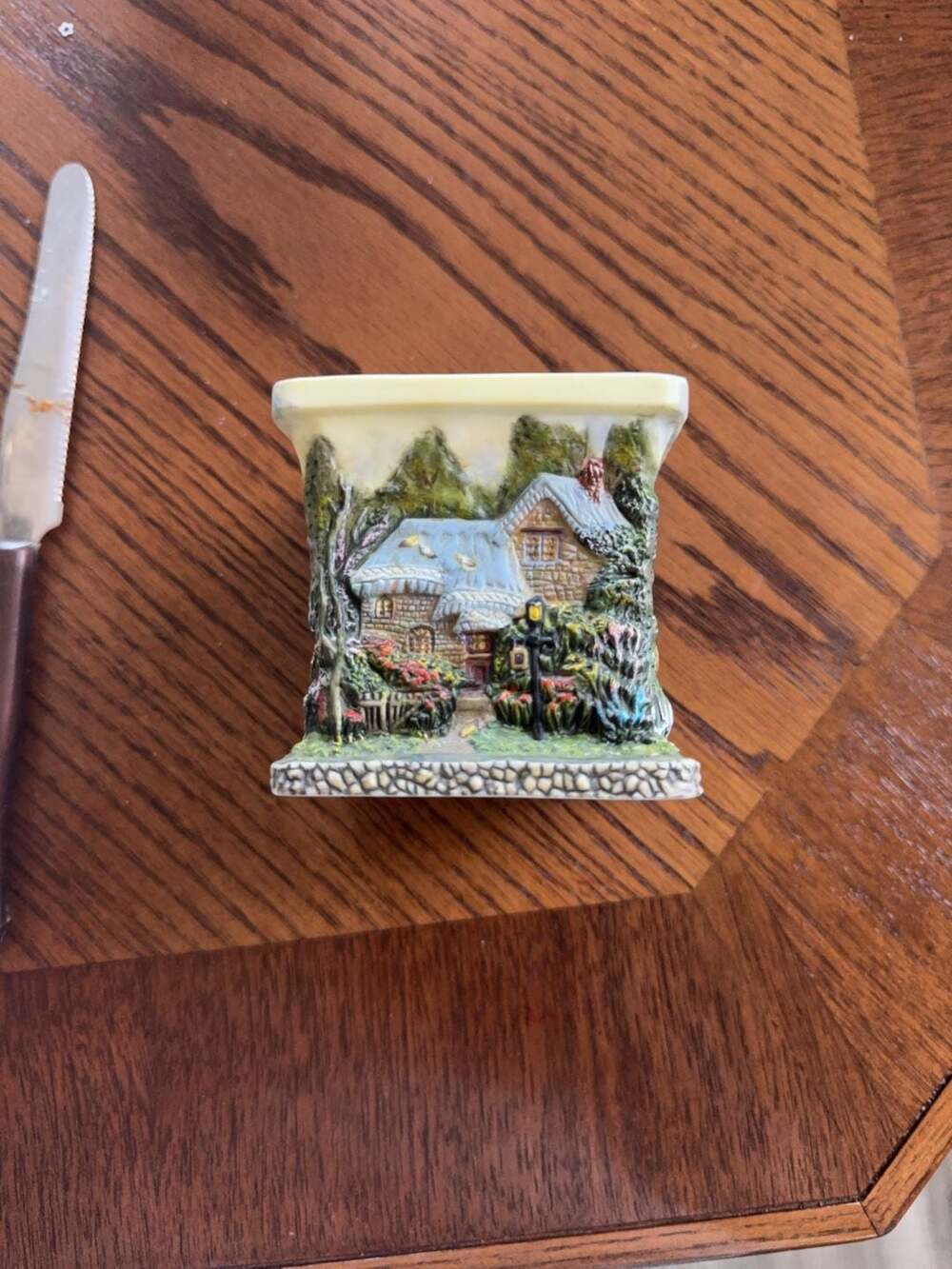 New 3D Candle Holder Thomas Kinkade Four Sided Cottages Ceramic Square